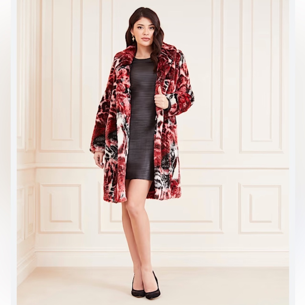 Guess by Marciano Leopard Rose Print Belle Faux-Fur Coat.